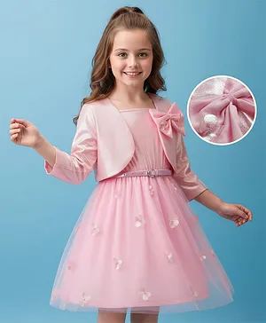 Hola Bonita Knit Full Sleeves
                              Shimmered Shrug & Party Dress With
                              Floral Applique & Belt - Pink