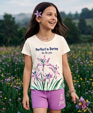 Pine Kids Single Jersey Knit Half Sleeves T-Shirt & Shorts Night-Suit With Floral & Text Print - Beige & Purple
