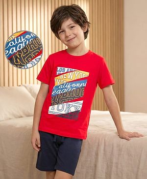 Pine Kids Single Jersey Knit Half Sleeves Shorts Night Suit With Text Print - Red