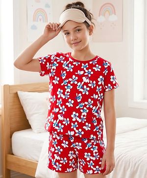 Pine Kids Single Jersey Knit Half Sleeves Shorts Co-ord Night Suit With Floral Print - Red
