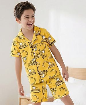 Pine Kids Single Jersey Knit Half Sleeves Shirt & Shorts Co-ord Night Suit With Excavator Print - Yellow