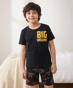 Pine Kids Single Jersey Knit Half Sleeves Shorts Night Suit With Dino Print - Black