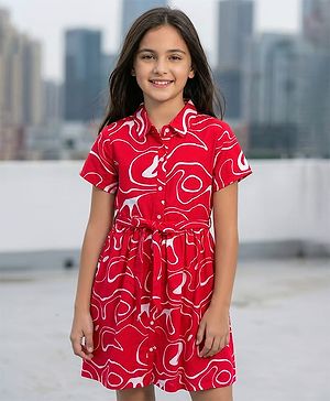 Pine Kids Cotton Knit Half Sleeves Printed Shirt Dress - Red