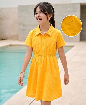 Pine Kids Cambric Woven Half Sleeves Frock With Floral Design - Yellow