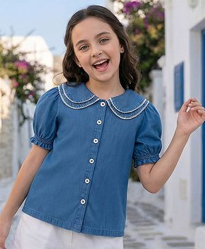 Pine Kids Cotton Woven Half Puffed Sleeves Frock Style Peter Pan Collar Top  - Navy Blue