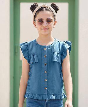 Pine Kids Cotton Woven Half Frill Sleeves Front Open Top WIth Pleates - Navy Blue