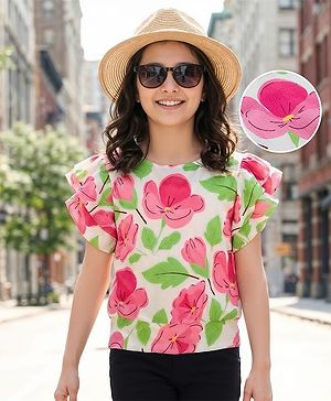 Pine Kids Woven Half Flutter Sleeves Top With Floral Print - White
