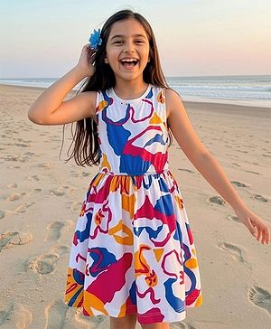 Pine Kids Cotton Knit Sleeveless Frock with Floral Print - Multicolor