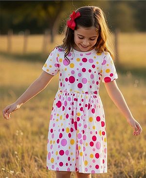 Pine Kids Cotton Knit Half Sleeves Frock With Polka Dot Print - White