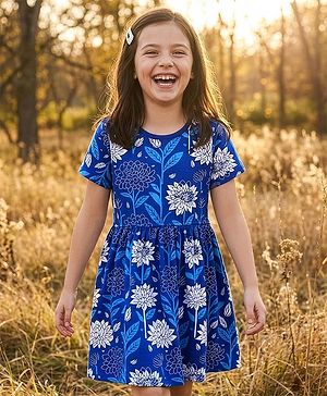 Pine Kids Cotton Knit Half Sleeves Frock With Floral Print - Blue