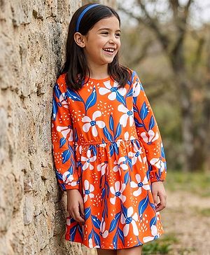 Pine Kids Cotton Knit Full Sleeves Frock With Floral Print - Orange