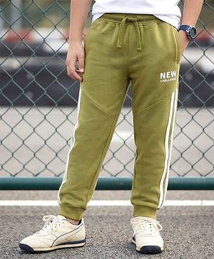 Pine Kids Looper Knit Full Length Lounge Pant With Text Print - Olive Green