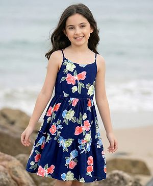 Pine Kids Woven Sleeveless  Frock With Floral Print - Navy Blue