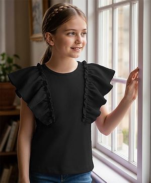 Pine Kids Cotton Knit Half Flutter Sleeves Solid Color Top - Black