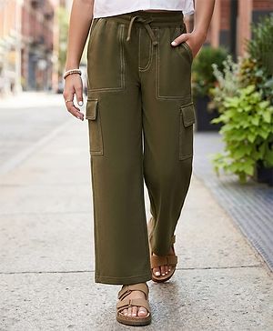 Pine Kids Knit Full Length Flared Solid Colour Track Pant With Pocket - Olive Green