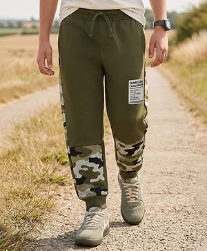 Pine Kids Knit Full Length Lounge Pant With Camouflage & Text Print - Olive Green