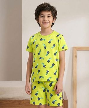 Pine Kids Single Jersey Knit Half Sleeves Co-ords Shorts Night Suit with Star Print - Lime Green