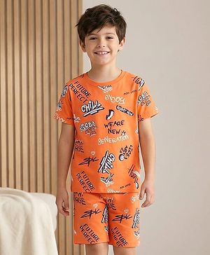 Pine Kids Single Jersey Knit Half Sleeves Shorts Night Suit With Text Print - Orange