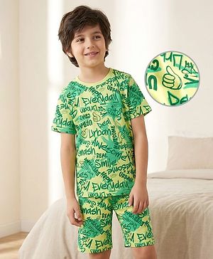 Pine Kids Single Jersey Knit Shorts Night Suit With Text Print - Lime Green