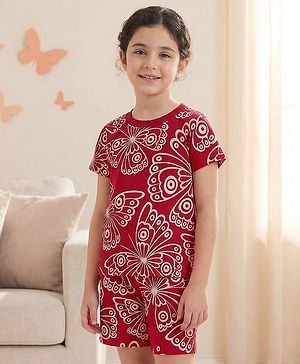 Pine Kids Single Jersey Knit Half Sleeves Co-ords Shorts Night Suit with Butterfly Print - Red