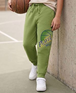 Pine Kids Knit Full Length Lounge Pant with Text Print - Olive Green