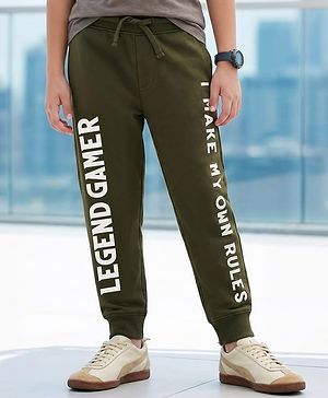 Pine Kids Knit Full Length Lounge Pant With Text Print - Olive Green