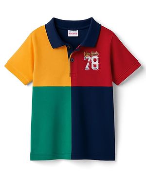 Babyhug Cotton Knit Half Sleeves Cut & Sew Polo T-Shirt with Text Graphic - Multicolor