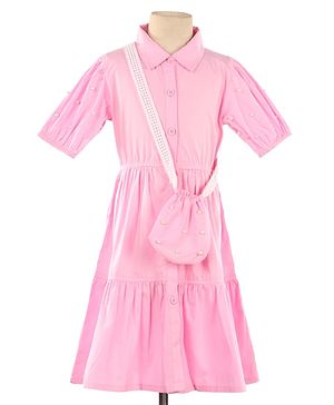 Pine Kids Woven Half Sleeves Solid Color Shirt Style Frock with Sling Bag - Pink