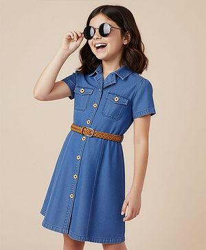Pine Kids Cotton Woven Half Sleeves Solid Shirt Dress With Belt - Blue