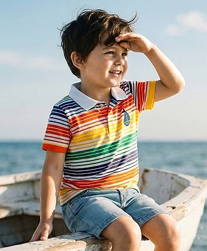 Babyhug Cotton Knit Half Sleeves Striped Polo T-Shirt with Ship Graphic - Multicolor
