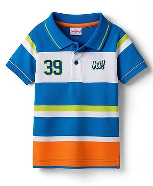 Babyhug Cotton Knit Half Sleeves Striped Polo T-Shirt with Text Graphic - Multicolor
