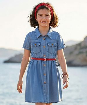 Pine Kids Cotton Woven Half Sleeves Solid Shirt Dress With Belt - Blue