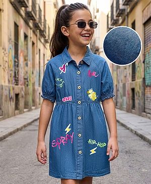 Pine Kids Cotton Woven Half Sleeves Frock With Text Print - Navy Blue
