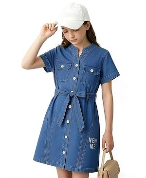 Pine Kids Cotton Woven Half Sleeves Solid Shirt Dress With Belt - Blue