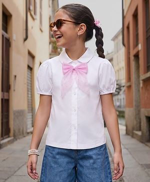 Pine Kids Cotton Woven Half Puffed Sleeves Top with Bow Applique - White