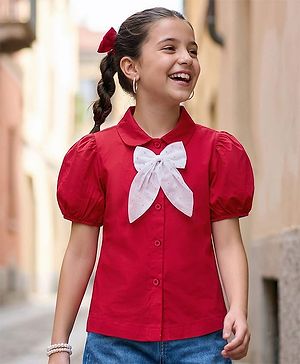 Pine Kids Cotton Woven Half Sleeves Solid Top With Bow Applique - Red