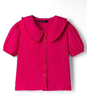 Pine Kids Cotton Woven Half Puffed Sleeves Front Open Top With Frill Detailing - Dark Pink