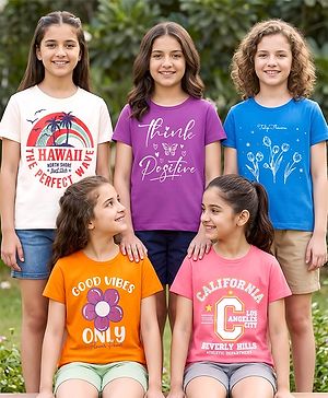 Pine Kids Cotton Knit T-Shirts with Graphic Print Multi Colors 6-7 Years