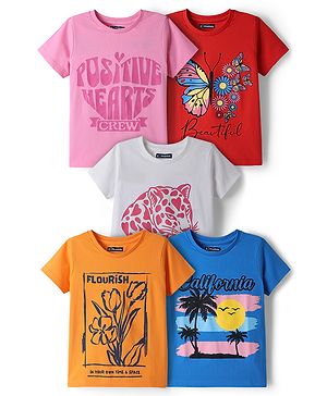 Pine Kids Cotton Knit Regular T-Shirts with Graphic Print Multi Colors 5-6 Years Pack of 5