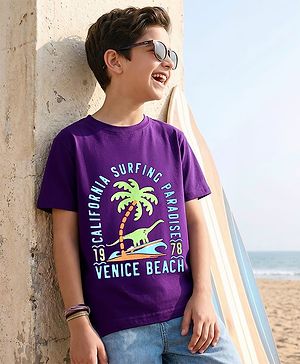 Pine Kids Cotton Knit Half Sleeves T-Shirt with Beach Theme Graphic - Purple