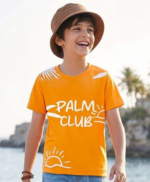 Pine Kids Cotton Knit Half Sleeves T-Shirt with Tropical Theme Graphic - Orange