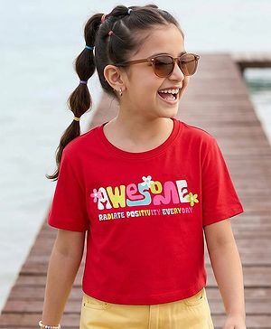 Pine Kids Cotton Knit Half Sleeves T-Shirt With Awesome Text Print - Red