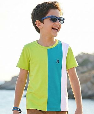 Pine Kids Cotton Knit Half Sleeves T-Shirt with Stripes & Brand Logo Print  Print - Limegreen & Light Blue