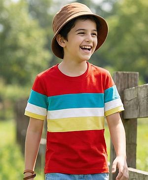 Pine Kids Cotton Knit Half Sleeves T-Shirt with Stripes - Red & Yellow