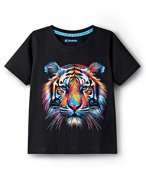 Pine Kids Cotton Knit Half Sleeves T-Shirt with Tiger Graphic - Black