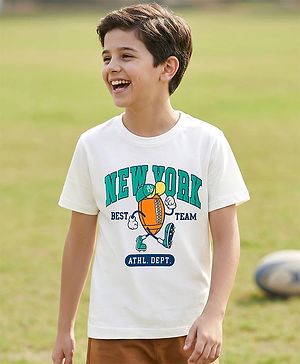 Pine Kids Cotton Knit Half Sleeves T-Shirt With Text Print - White