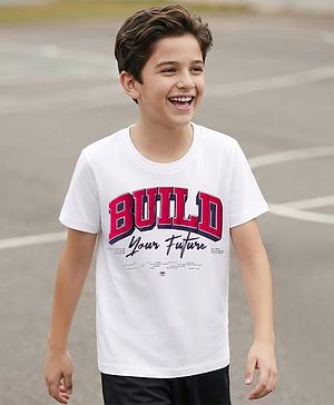 Pine Kids Cotton Knit Half Sleeves T-Shirt With Text Print - White