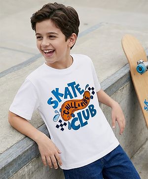 Pine Kids Cotton Knit Half Sleeves T-Shirt With Skating Print - White