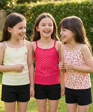 Pine Kids Cotton Lycra knit Sleeveless Slips With Heart Print Pack Of 3 - Colour May Vary