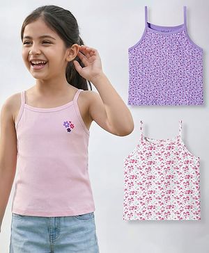 Pine Kids Cotton Lycra Knit Sleeveless Slips With Floral Print Pack Of 3 - Colour May Vary